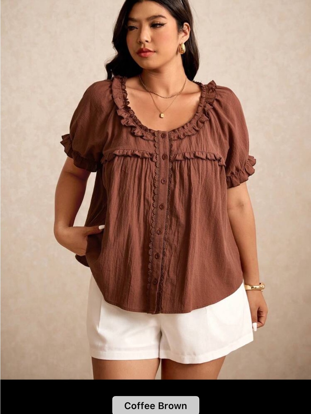 SHEIN Coffee Brown Ruffle Button-Front Blouse